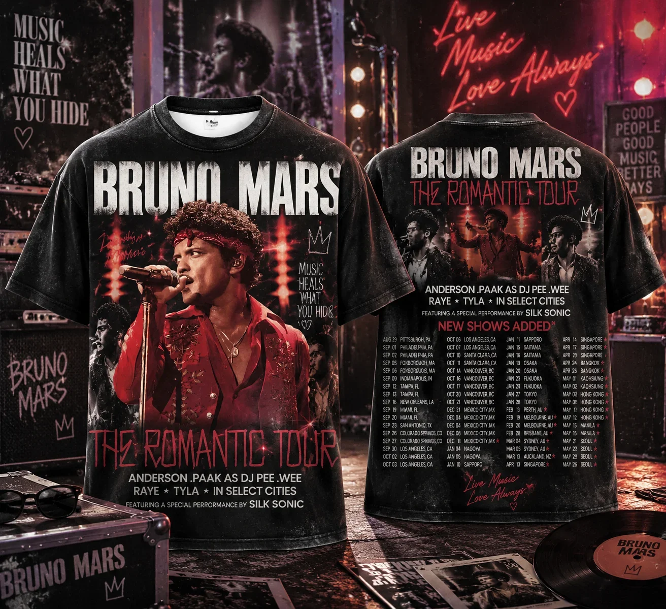2026 Bruno Mars The Romantic Tour Y2K Double Sided Print T-shirt Men Women Oversized Streetwear Tee