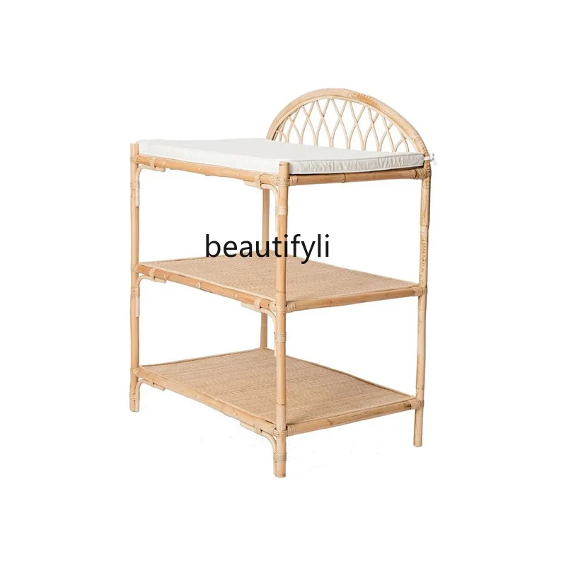 

Nordic Rattan Shelf Multi-Layer Floor-Standing Rack B & B Small Apartment Natural Real Rattan Bookshelf Movable Storage