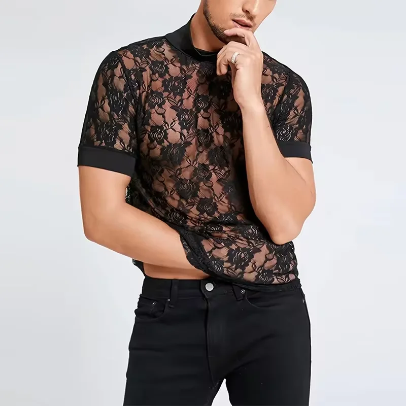 男性用の通気性のある伸縮性のあるメッシュTシャツ,セクシーな透かし彫りのTシャツ,フィットトップ,半袖,スポーツマッスルスポーツ,透明,夏,エレガント