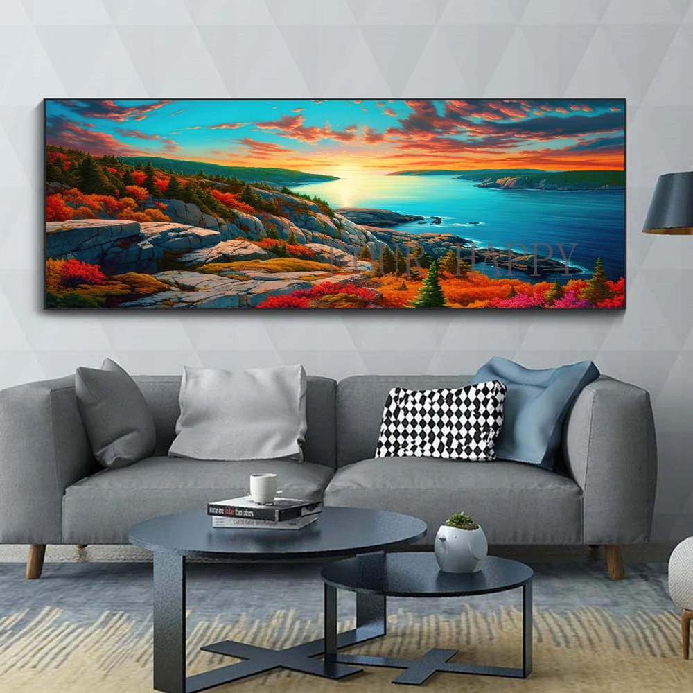 5D DIY Large Diamond Painting Cross Sunset River Mountain Landscape Wall Art, Full Round Drill, Embroidery Home Decor