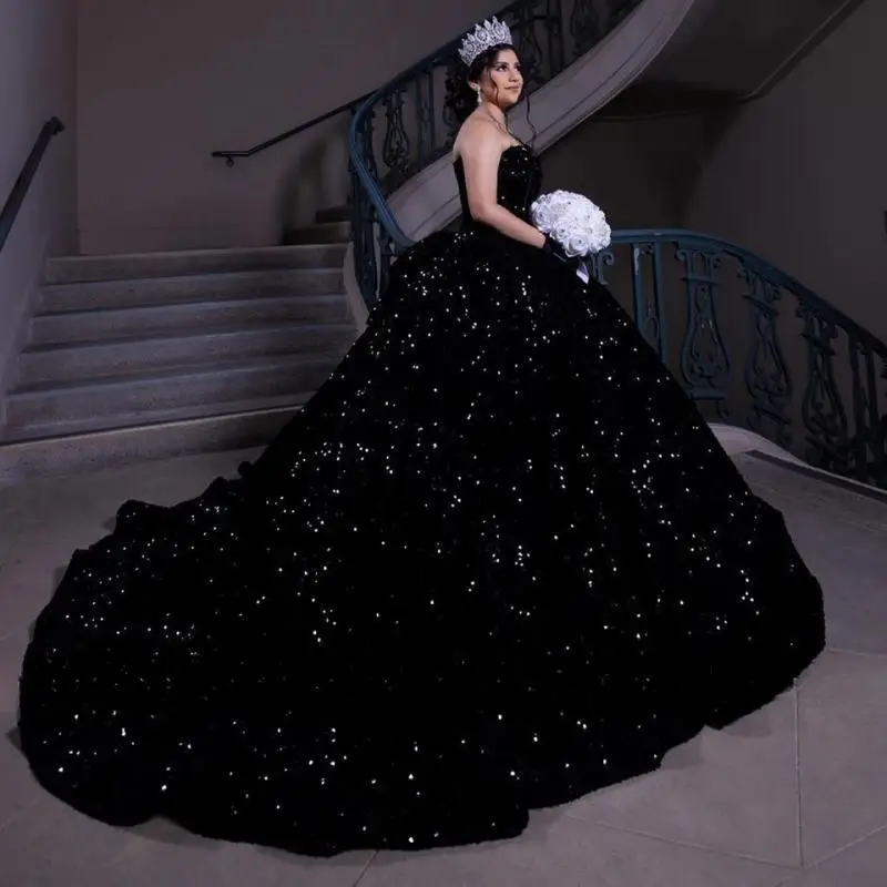 

Luxury Sparkly Black Sequined Ball Gown Quinceanera Dresses 2024 Sweetheart Lace Up Back Party Prom Gowns Vestidos De 15 Años