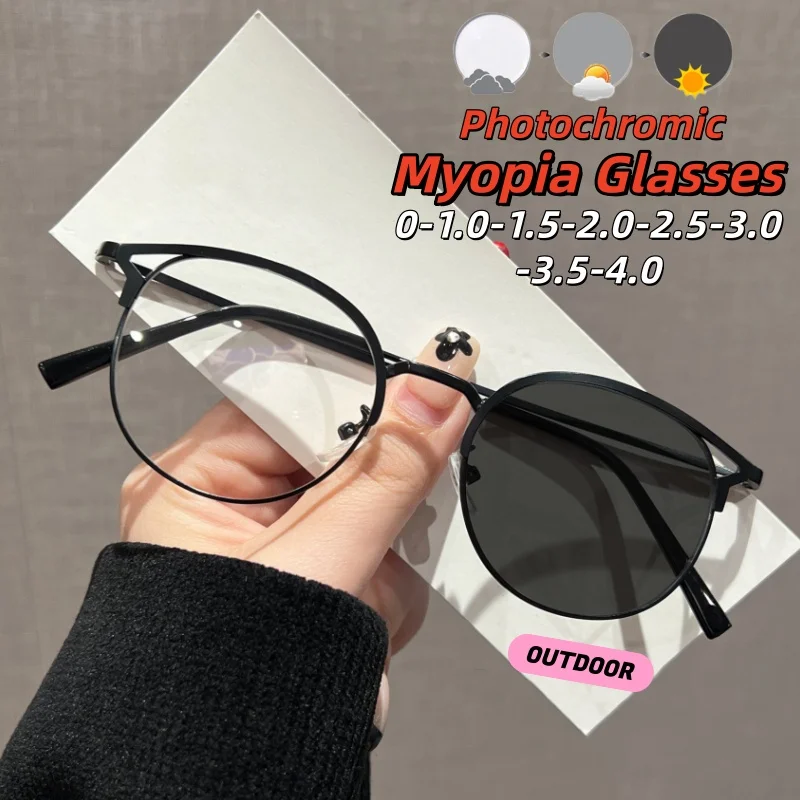 

2026 New Cute Personality Cat Ears Photochromic Myopia Glasses Women Men Luxury Metal Eye Protection Eyeglasses 0 To -4.0