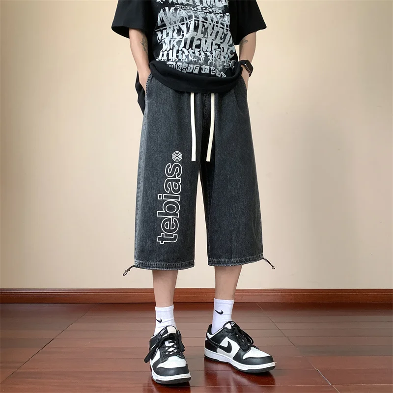 Summer Men's Drawstring Waist Cotton Wash Jeans Casual Loose Calf-Length Denim Pants Streetwear Wide Legs Straight Harlan Shorts