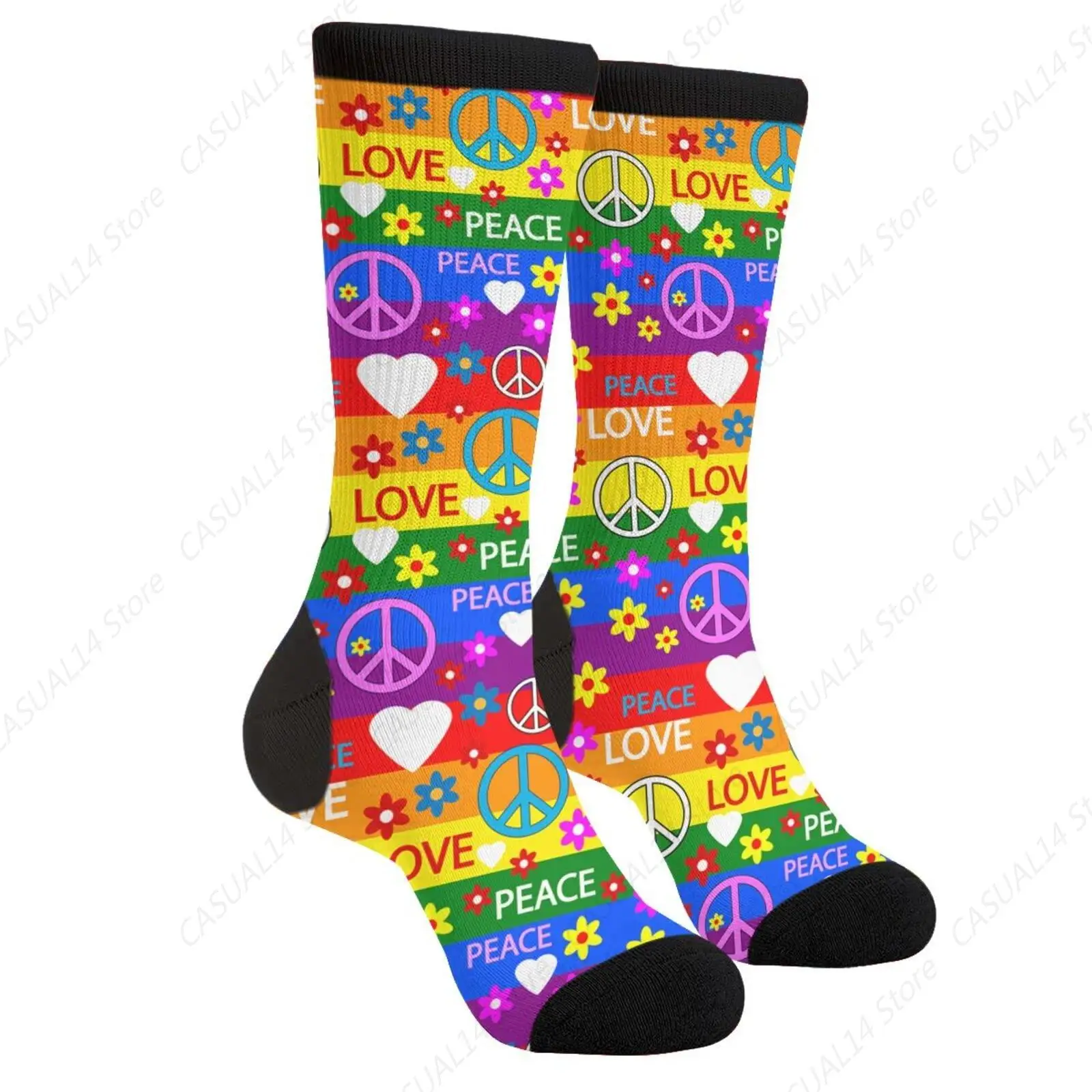 Heart Peace Symbol Flower Men Women Funny Crazy Novelty Crew Tube Socks, Casual Athletic Sport Dress Socks