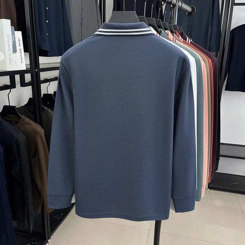 قميص بولو بياقة متباينة للرجال، أرجواني مع حواف بيضاء، ألياف بوليستر جديدة 100%، جودة الميدالية الذهبية، كم طويل للأعمال #4