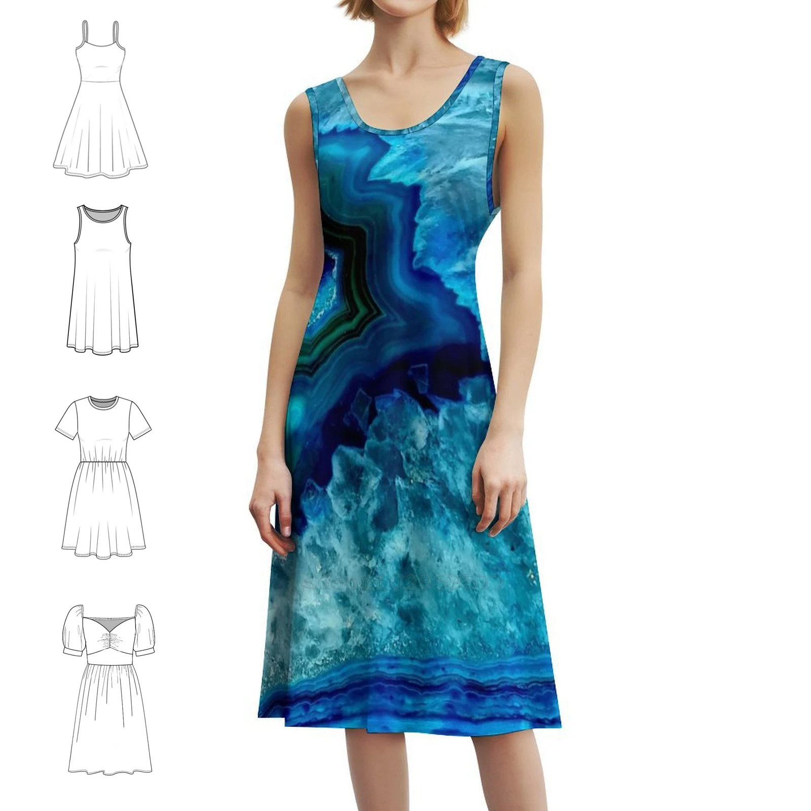 الهدوء الفيروزي: فستان بوهيمي عازل كوارتز معدني بدون أكمام متعدد الطباعات لحفلات عطلة الشاطئ باللون الفيروزي