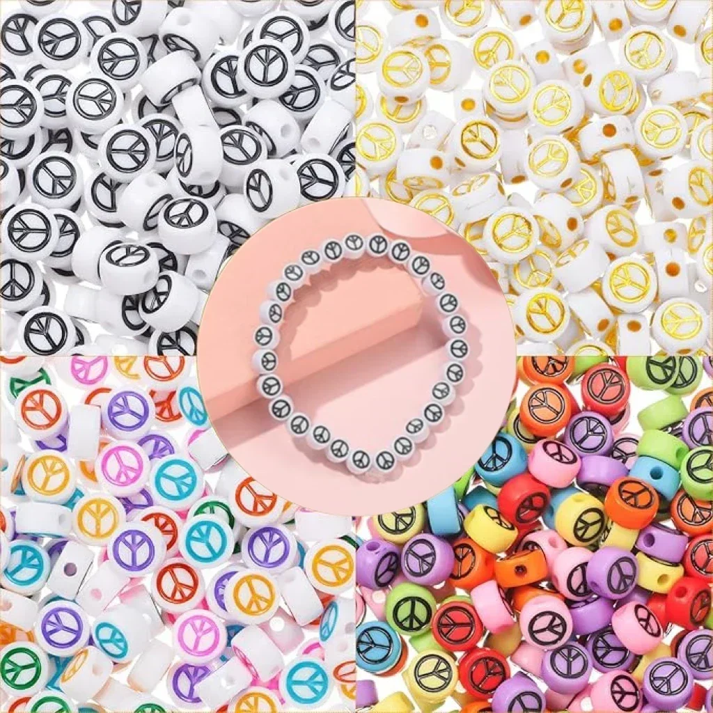 100-500PCS Acrylic Colorful Peace Sign Bead Round Flat Spacer Bead for DIY Jewelry Making Bracelet Necklace Handmade Accessories