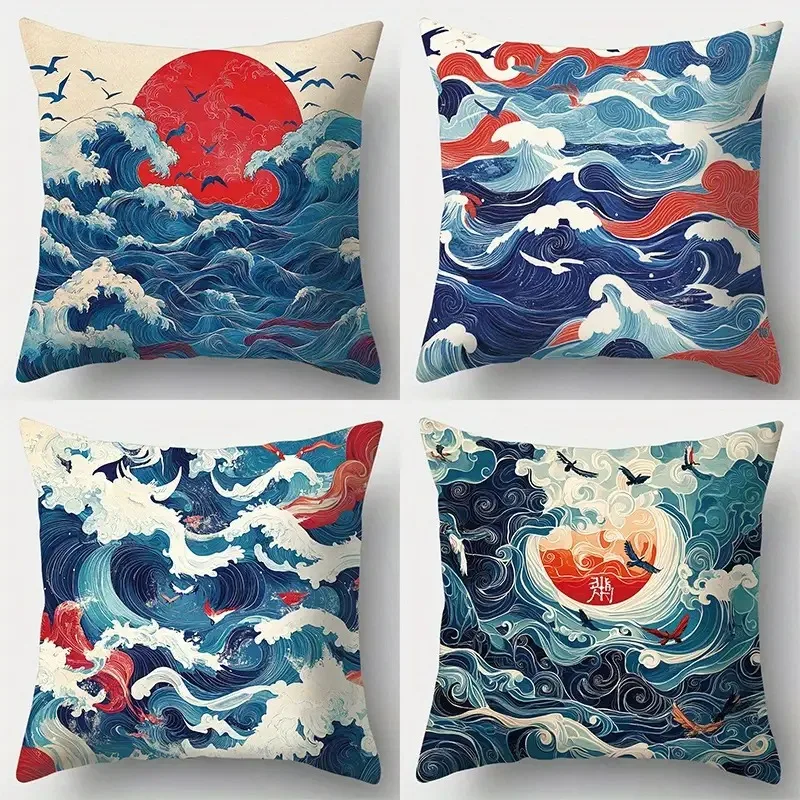 

Традиционная японская наволочка с волнами и солнцем: чехол для подушки в стиле укиё-э для дивана, гостиной, домашнего декора