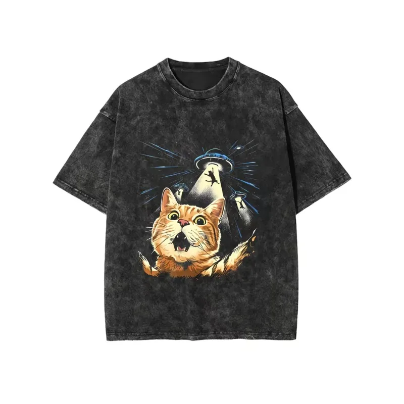 Vintage Washed Alien UFO Cat T-Shirt Funny Retro Sci-Fi Graphic Tee Casual Crew Neck Men’s Women’s Oversized Short Sleeve Top