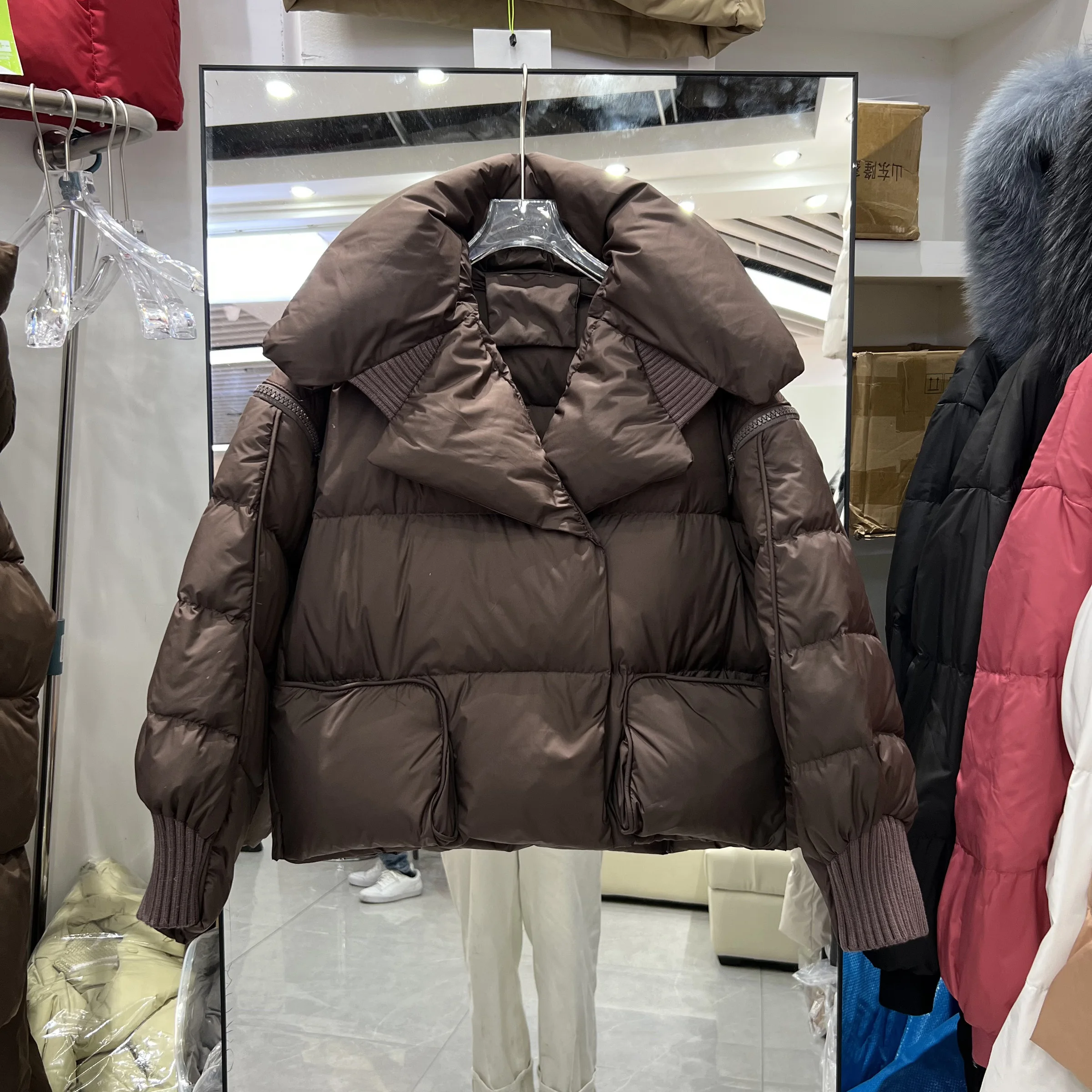 高級ホワイトダックダウンショートダウンジャケット冬のファッションニットスプライシング大きな折り返し襟厚みのあるパファージャケットパーカー