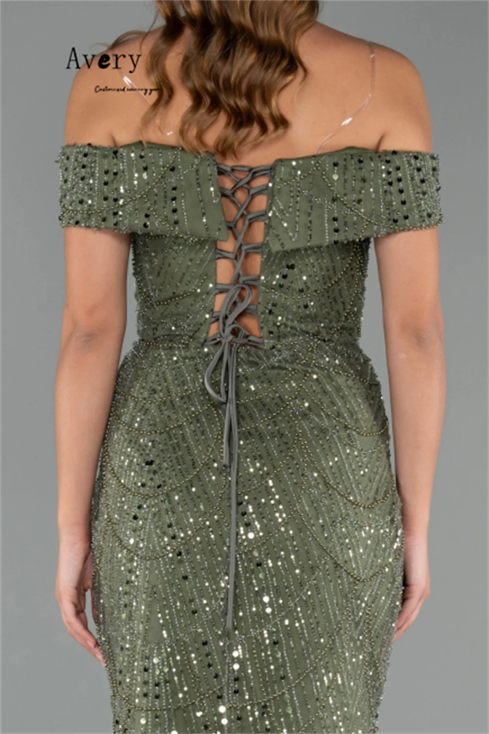 Avery personnalisé queue de poisson vert perlé épaules dénudées longue élégante femme robe de soirée robes de soirée dames invité de mariage femmes