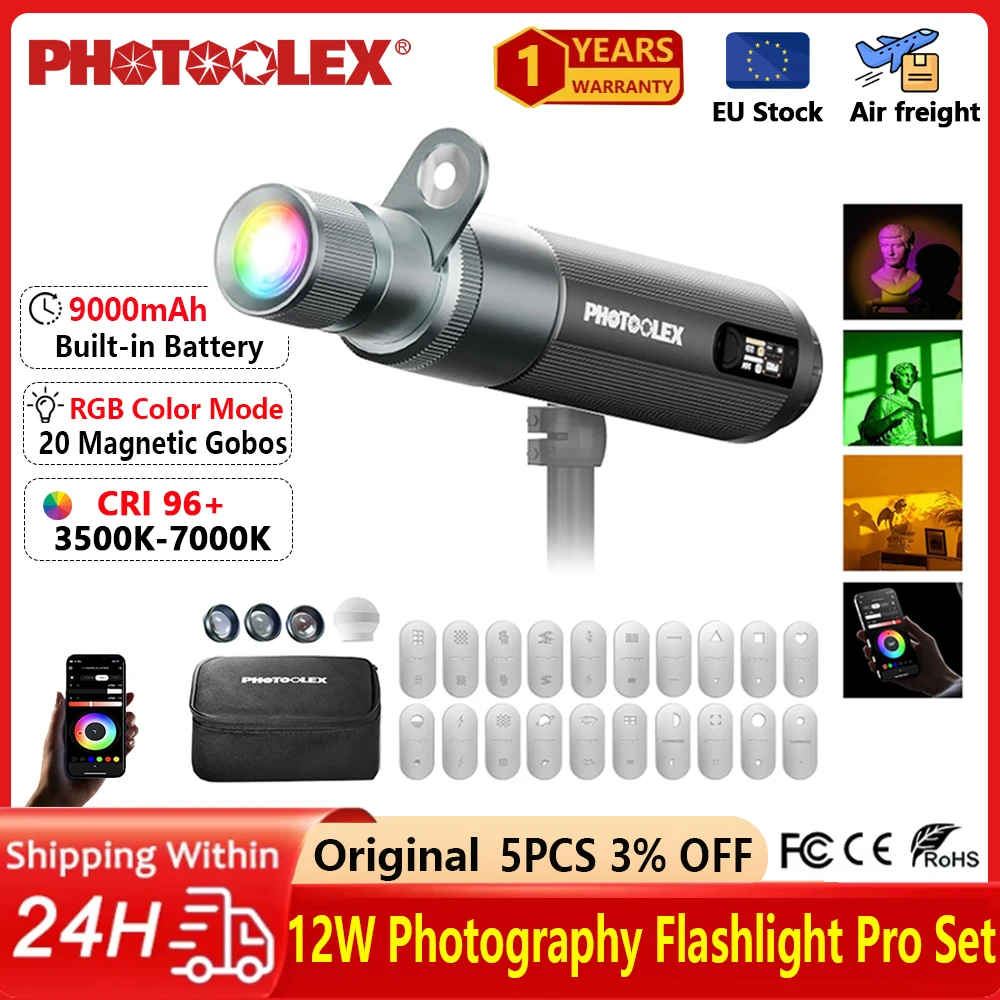 PHOTOOLEX 12W 휴대용 RGB 사진 촬영용 스포트라이트 360 °   풀 컬러 휴대용 LED 9000mAh 비디오 플래시 라이트 고보 라이트 앱 제어