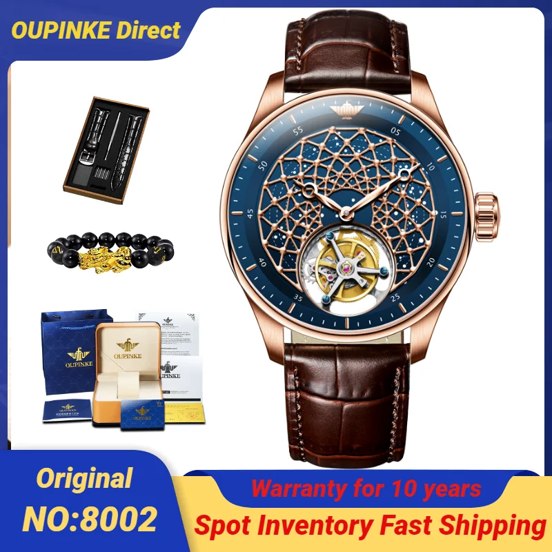 Genuine OUPINKE Tourbillon Men's Watches Leather Strap Waterproof Moon Phase Watches High-end Business Dress Wristwatch for Man