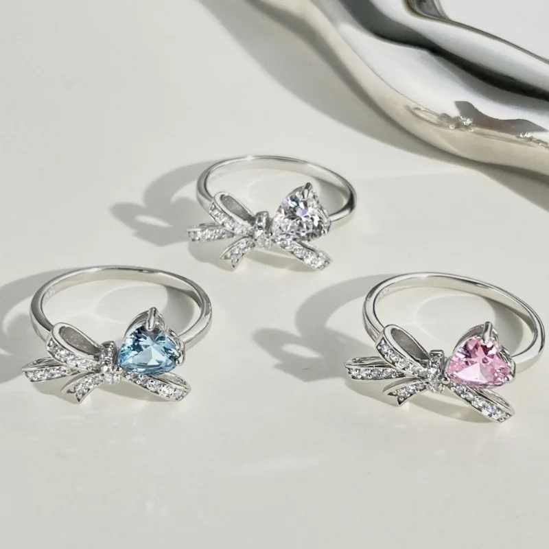 

Shining U 925 Sterling Silver Bowknot Pink Blue Heart Gems Ring for Women Fine Jewelry Spring Gift