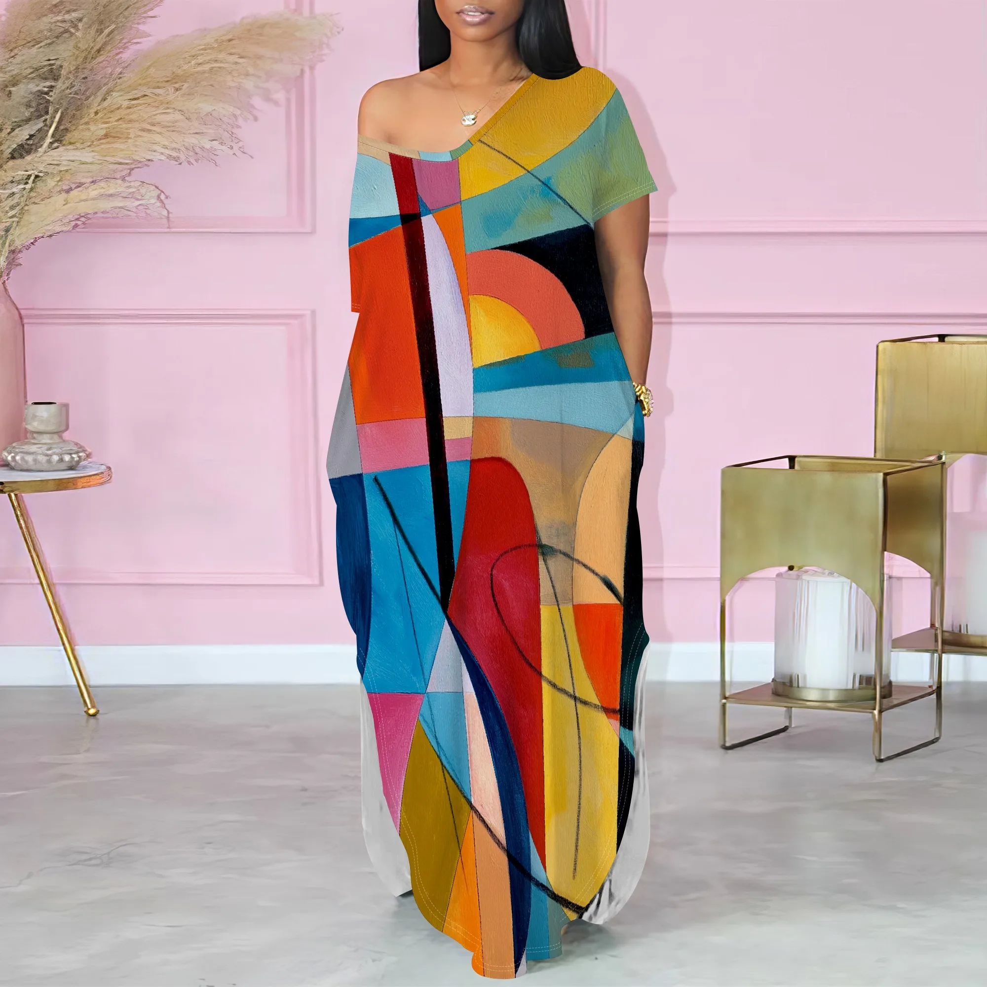 

"One-Shoulder Colorful Geometric Print Maxi Dress for Women, S-3XL, Abstract Art Dress, Perfect for Summer Vacations & Events"