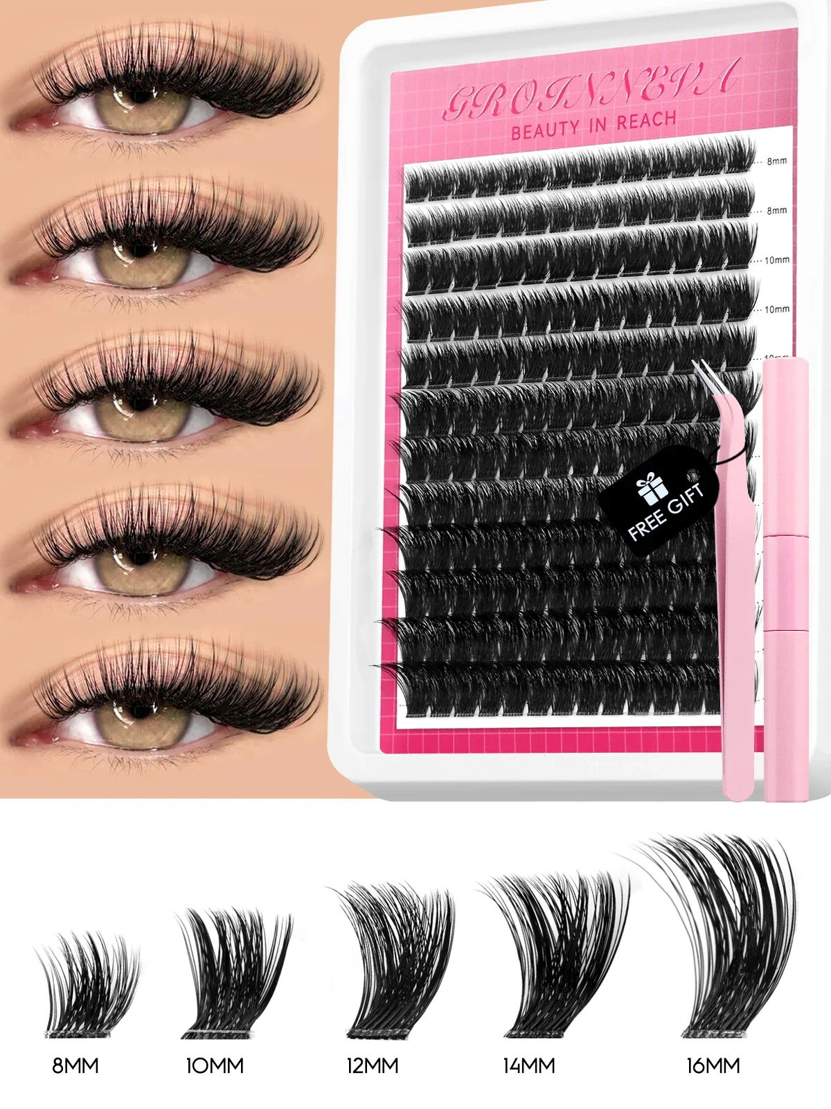 GROINNEYA Lash Clusters Kit Piekerige Cluster Wimper Kit Extensions Individuele Wimpers 10-18mm Waterdichte Natuurlijke Lash Extension