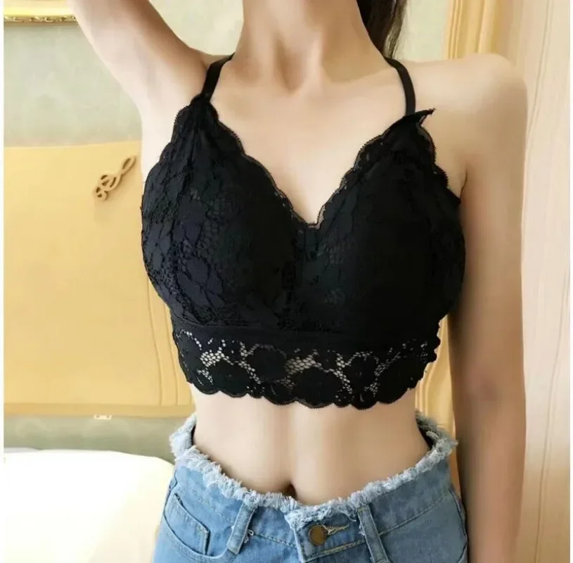 Women White Crop Tops Lace Print Camisole Sexy Hollow Backless Bra Removable Chest Pad Bralette Solid Beauty Back Tank Top