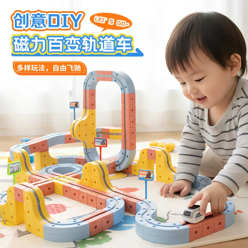 Elektryczny samochód na magnetycznej torze dla dzieci, zestaw do samodzielnego montażu, zabawka, model pojazdu z zawieszeniem antygrawitacyjnym i mocowaniem na przyssawki.