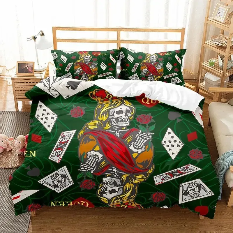 

Skull Poker Duvet Cover King Full Size,Queen of Skeletons Red Rose Card Game Bedding Set Playing Gambling Polyester Quilt Cover