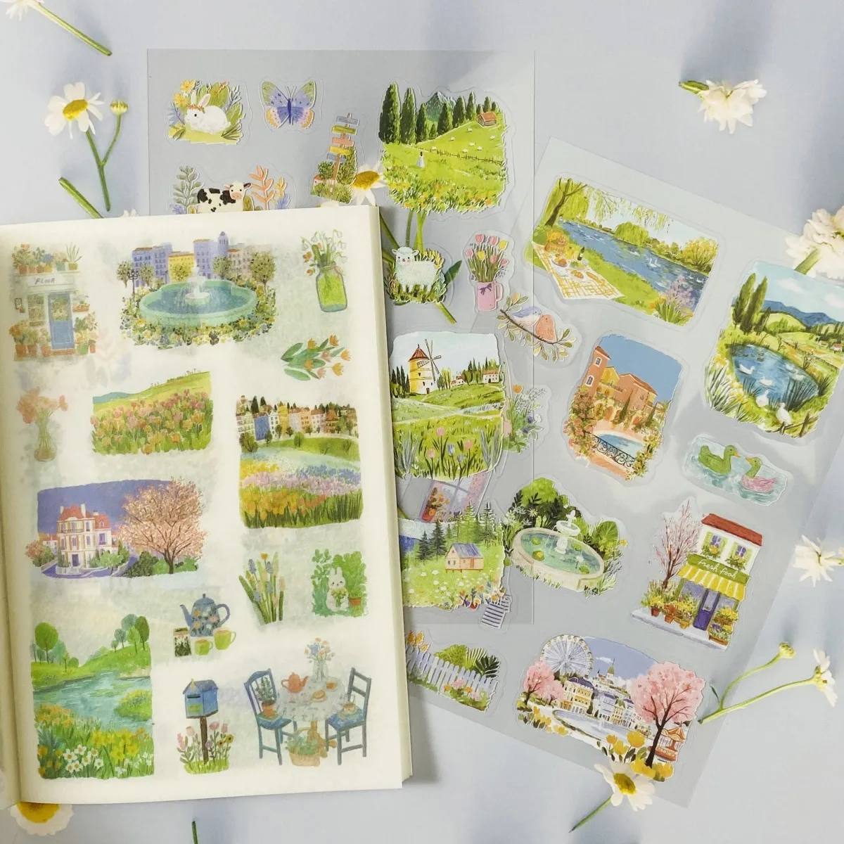 20sheets Scrapbook Landscape Stickers Dual Materials PET and Washi Paper for Scrapbooking Journaling DIY Crafts Card Making
