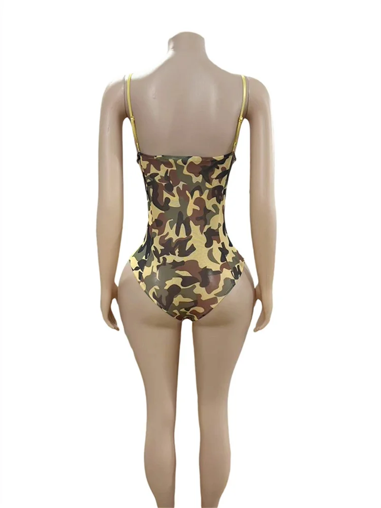 แปลกPuss Camouflageพิมพ์Bodysuitsผู้หญิงคอต่ําBacklessผอมยืดใหม่แนวโน้มHip-Hopสไตล์คลาสสิกStreetwear bodycon