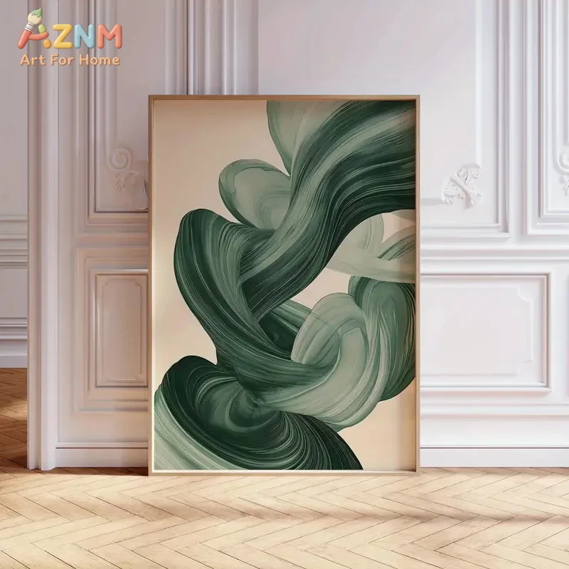 AZNM Abstract Green Swirling Brushstroke Canvas Wall Art Print, Modern Neutral Home Decor, No Frame