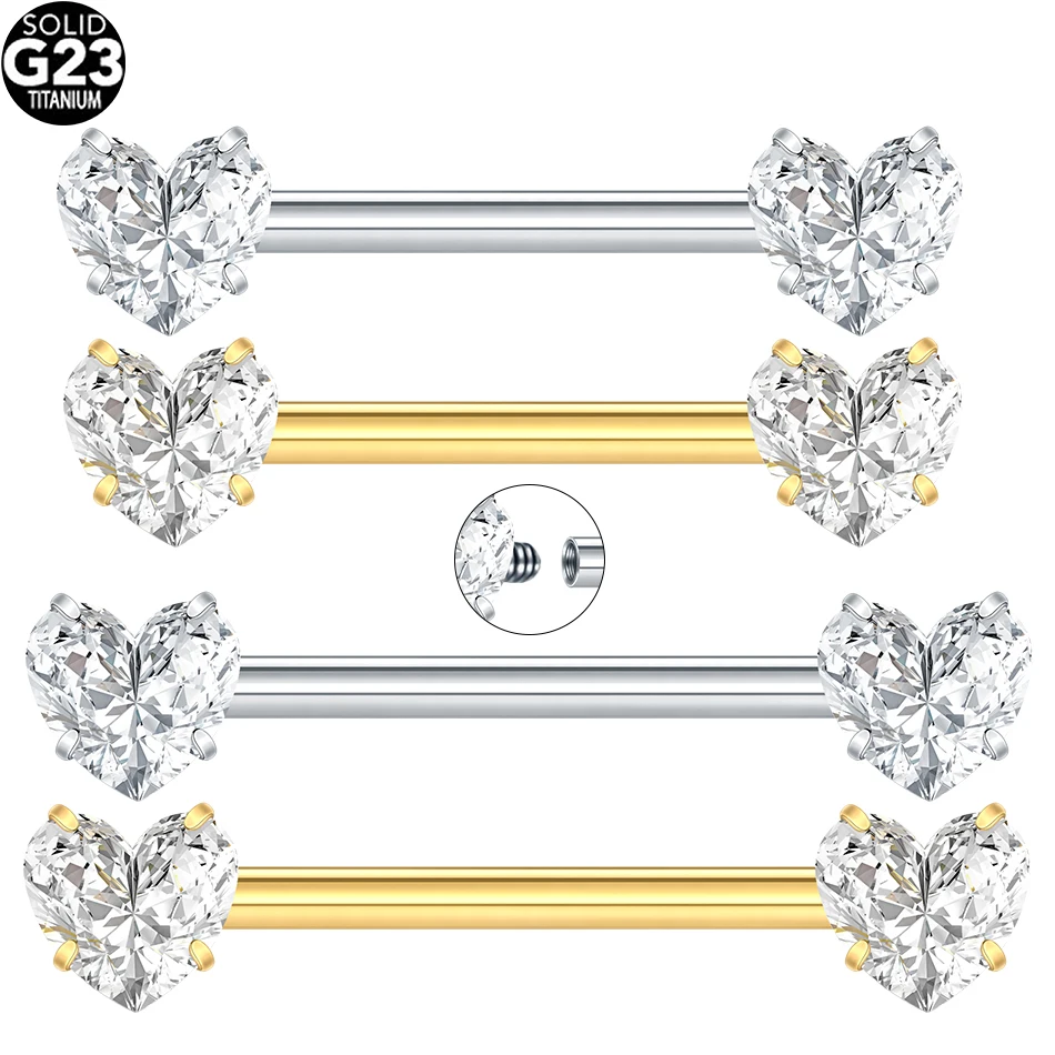 1PC Titanium Double Heart Zircon Nipple Rings 14G Tongue Barbell Nipple Shiled Piercing Mamilo Sexy Women Jewelry