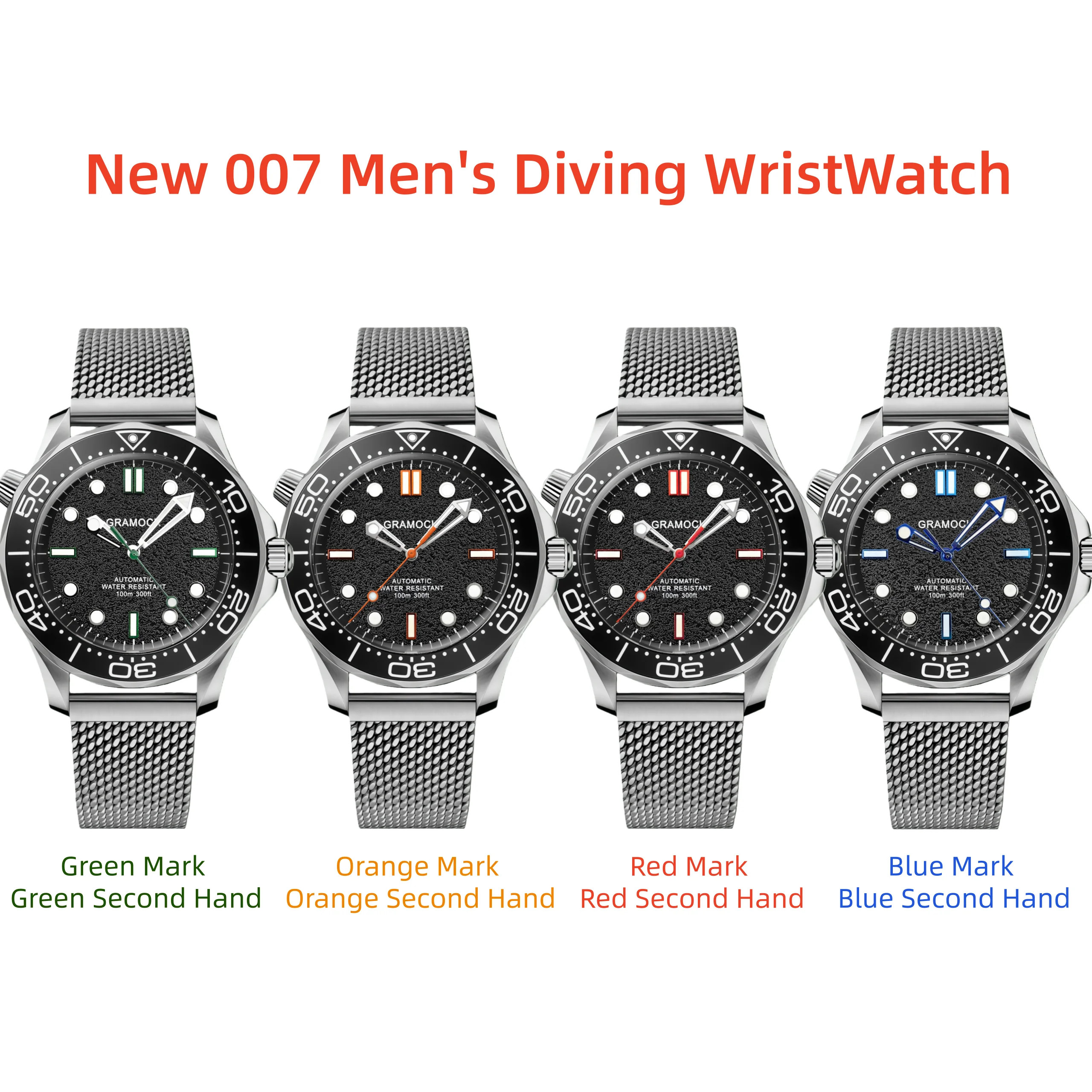 

Gramock 41mm 007 NTTD Mechanical Men Watches NH35/PT5000 Automatic Movement Super Luminous Mesh Strap Steel Diving Watch For Men