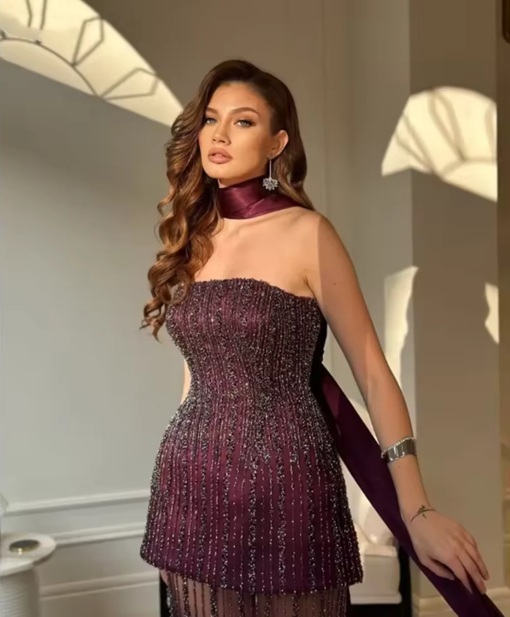 

Elegant Gradient Wine Red Satin Evening Dresses Strapless with Beading vestidos de noche Customized Floor-Lengh Gown Dress