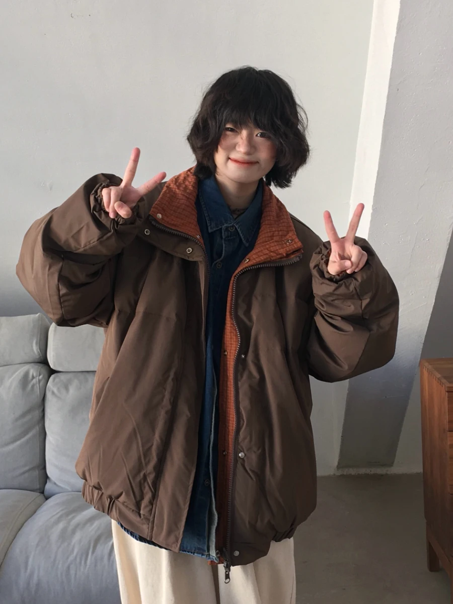 

Утепленная двусторонняя куртка-пальто свободного кроя с воротником-стойкой, повседневная, теплая, в стиле «хлебный пух», для улицы, из хлопка, рабочая одежда