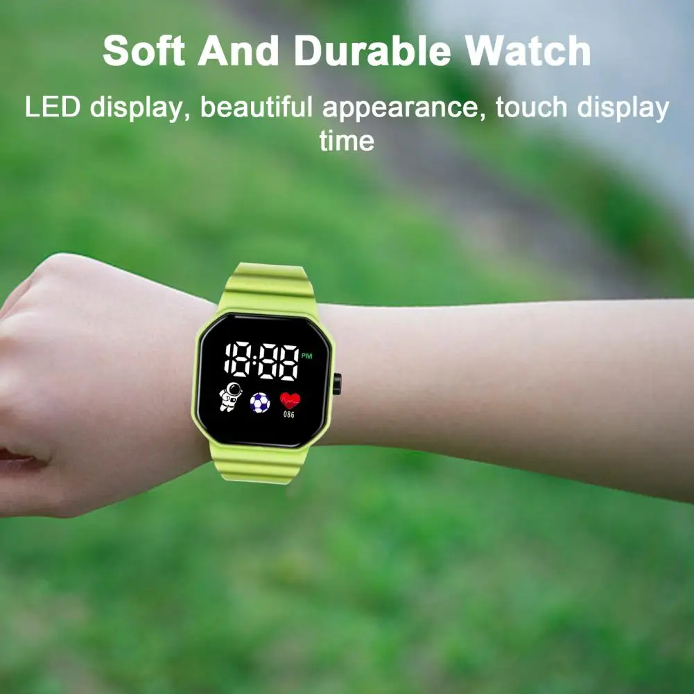 Student LED Watch Square Dial Legible Button Type Adjustable Wrist Silicone Strap Unisex Lightweight Children Wristwatch Mira