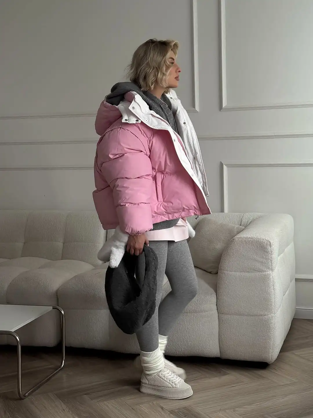 Abrigo corto de algodón con capucha rosa para mujer, abrigos holgados elegantes de manga larga con cuello levantado y cremallera de un solo pecho, ropa de calle cálida para invierno