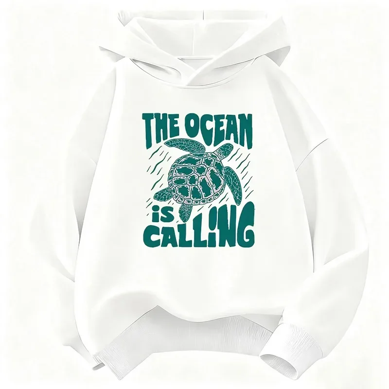 Kids Hoodie The Ocean Is Calling Sea Turtle Print Boys Girls Long Sleeve Hooded Sweatshirt Casual Autumn Children Pullover Tops