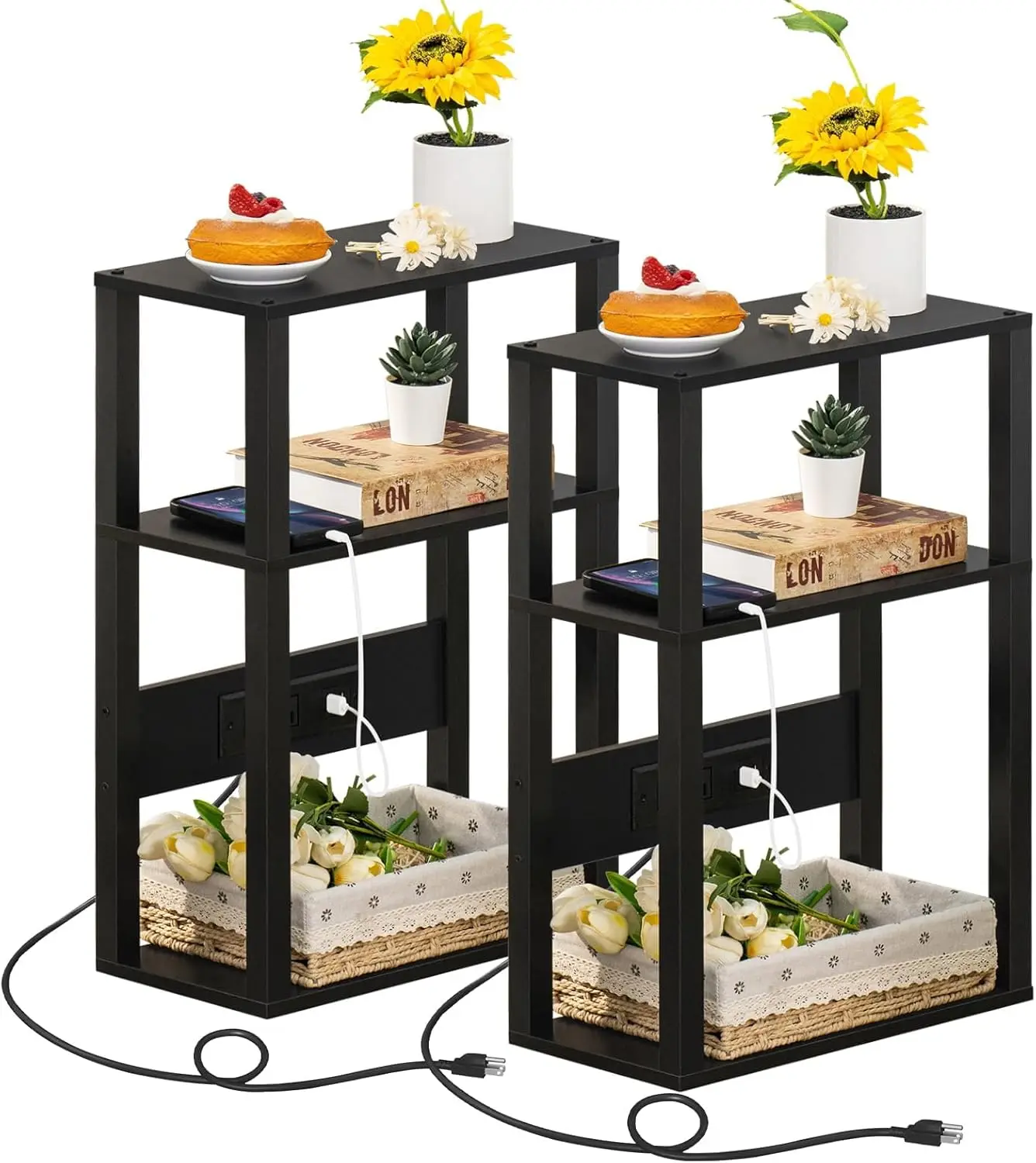 

3-Tier Narrow Wood Side Table Set with Charging Station, USB Ports and Storage for Small Spaces