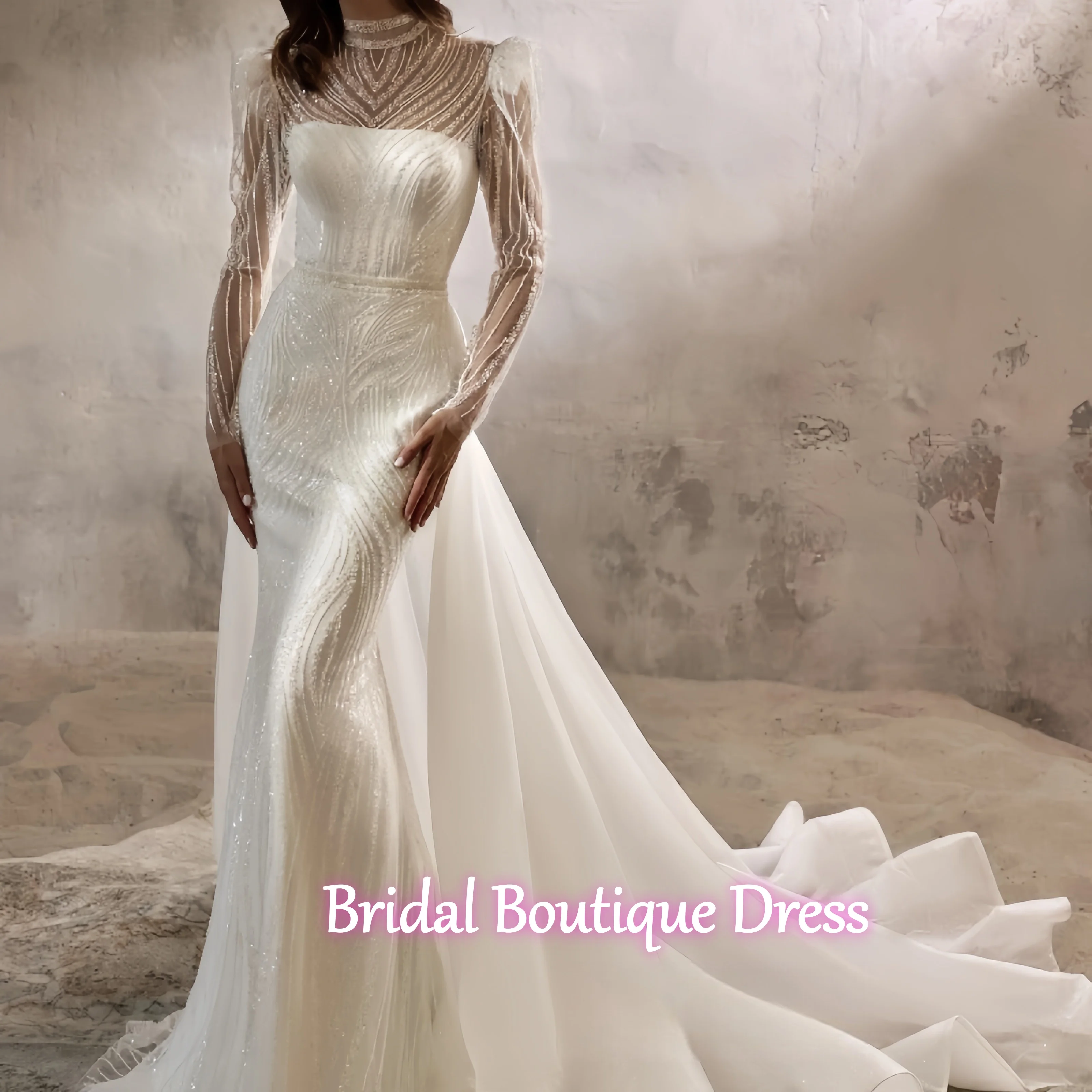 

Customized Detachable Mermaid 2 In 1 Wedding Dress Exquisite Full Sleeve Lace With Beading Ball gown High-Neck Vestido De Novia