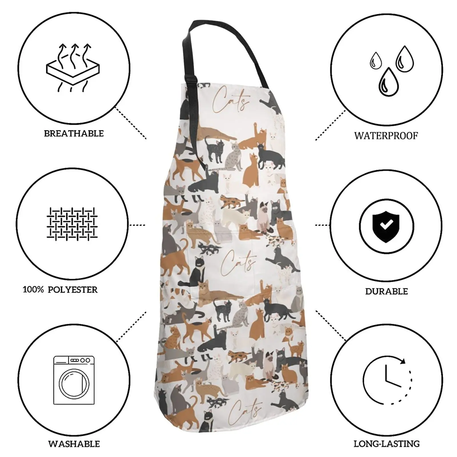 Cute Cat Theme Apron, Animals Pets Kitten Pattern Adjustable Neck Polyester Aprons with 2 Pockets for Cooking Kitchen=