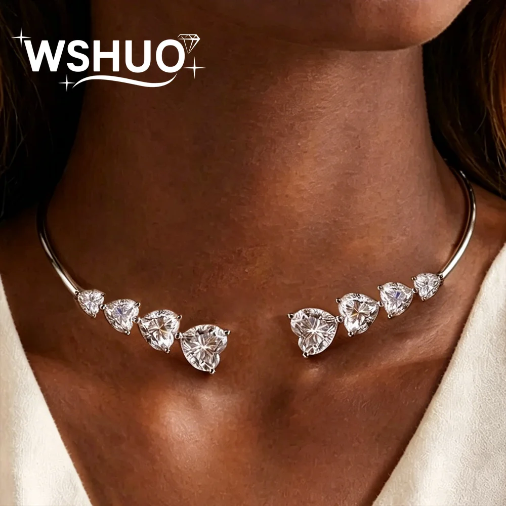 

3-2-1-0.5carat Heart Cut Moissanite Open Choker For Women 925 Sterling Silver Hard Collar Diamond Necklace Fine Jewelry With Gra