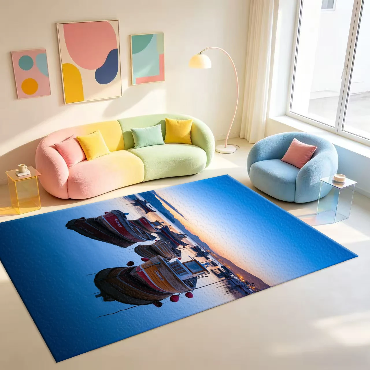 Harbor Fishing Boat Seascape Scenery Print Carpet Flooring Coastal Nautical Area Rug For Living Room Home Floor Ornament