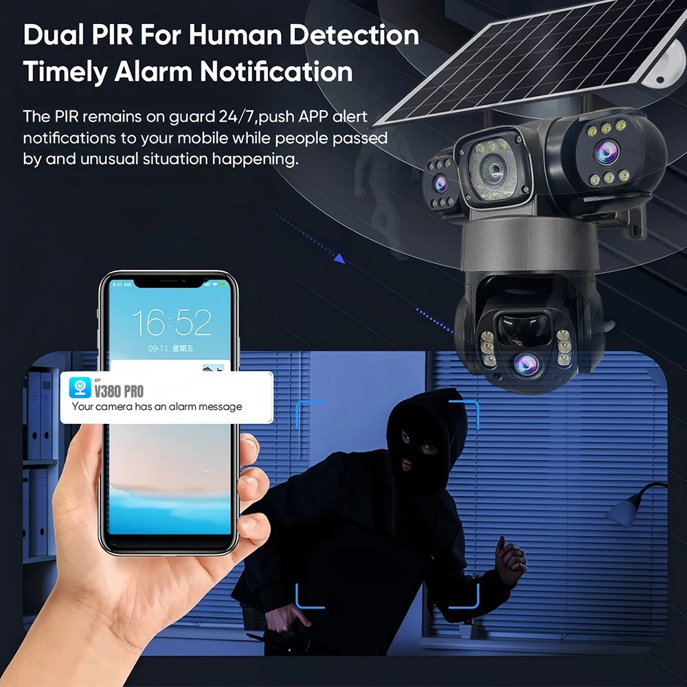 4G Solar Monitor Camera Outdoor Plugless 360° Field of View 15MP Triple Lens Monitor Remote PIR Motion Detection Security CCTV image 5