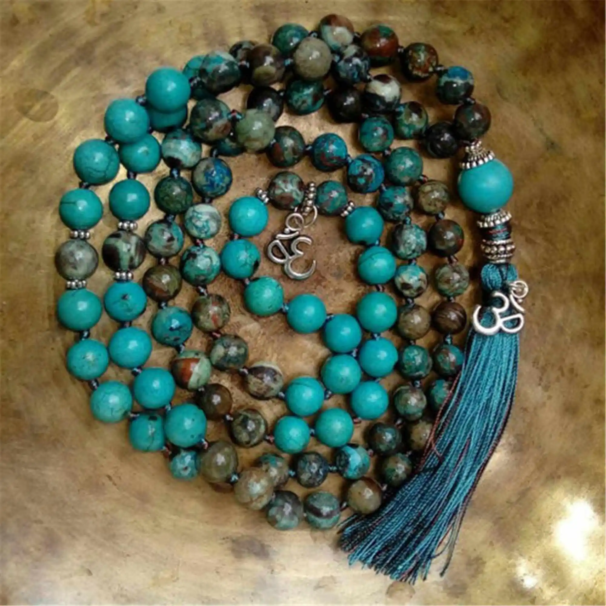 8mm Agate Turquoise 108 Beads Handmade Tassel bracelet Retro Rustic Healing Men Zen Wood Opera length Tranquility Metal Yoga