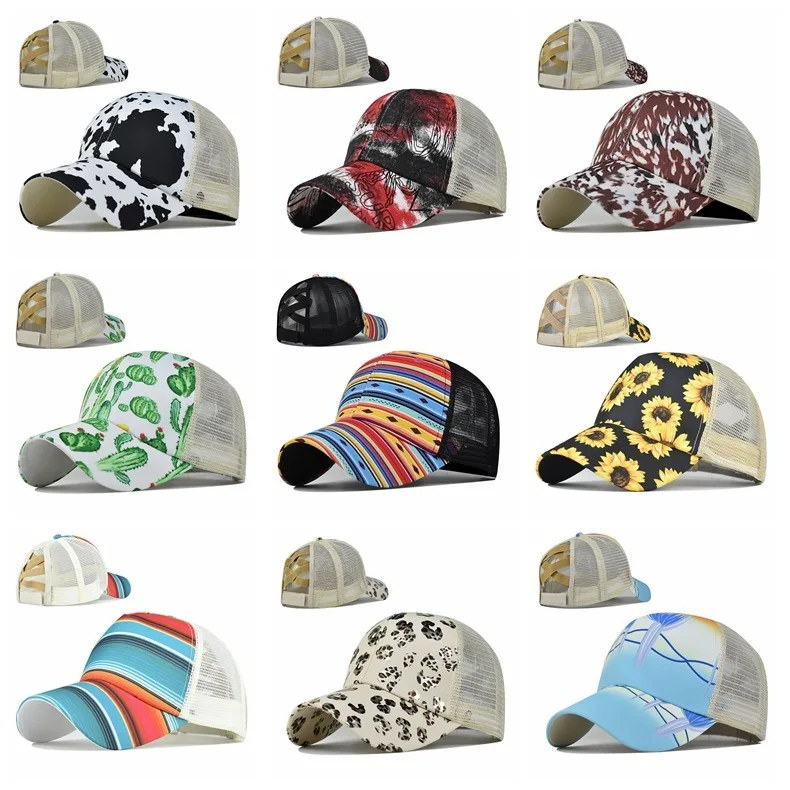 

Classic Trucker Cap Cow Color Cross Women Sun Protection Sunshade Hat Ponytail Baseball Mesh-Back Cap