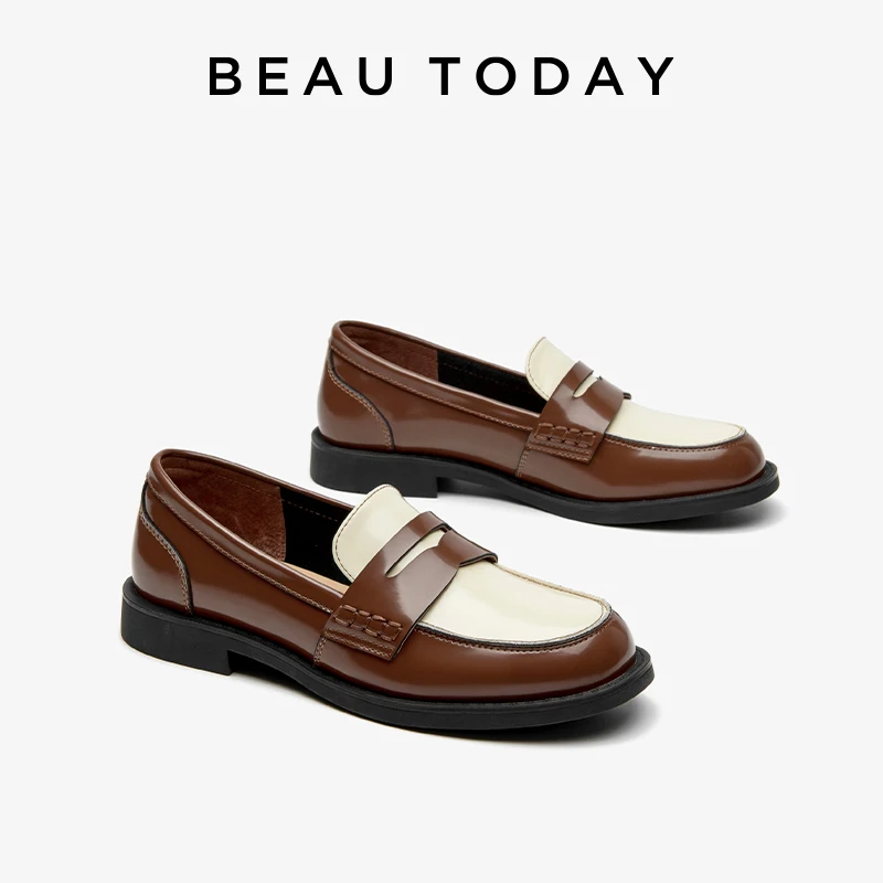 

BEAUTODAY Penny Loafers Women Genuine Cow Leather Patchwork Round Toe Slip-on Classical Ladies Flat Shoes Handmade 27658
