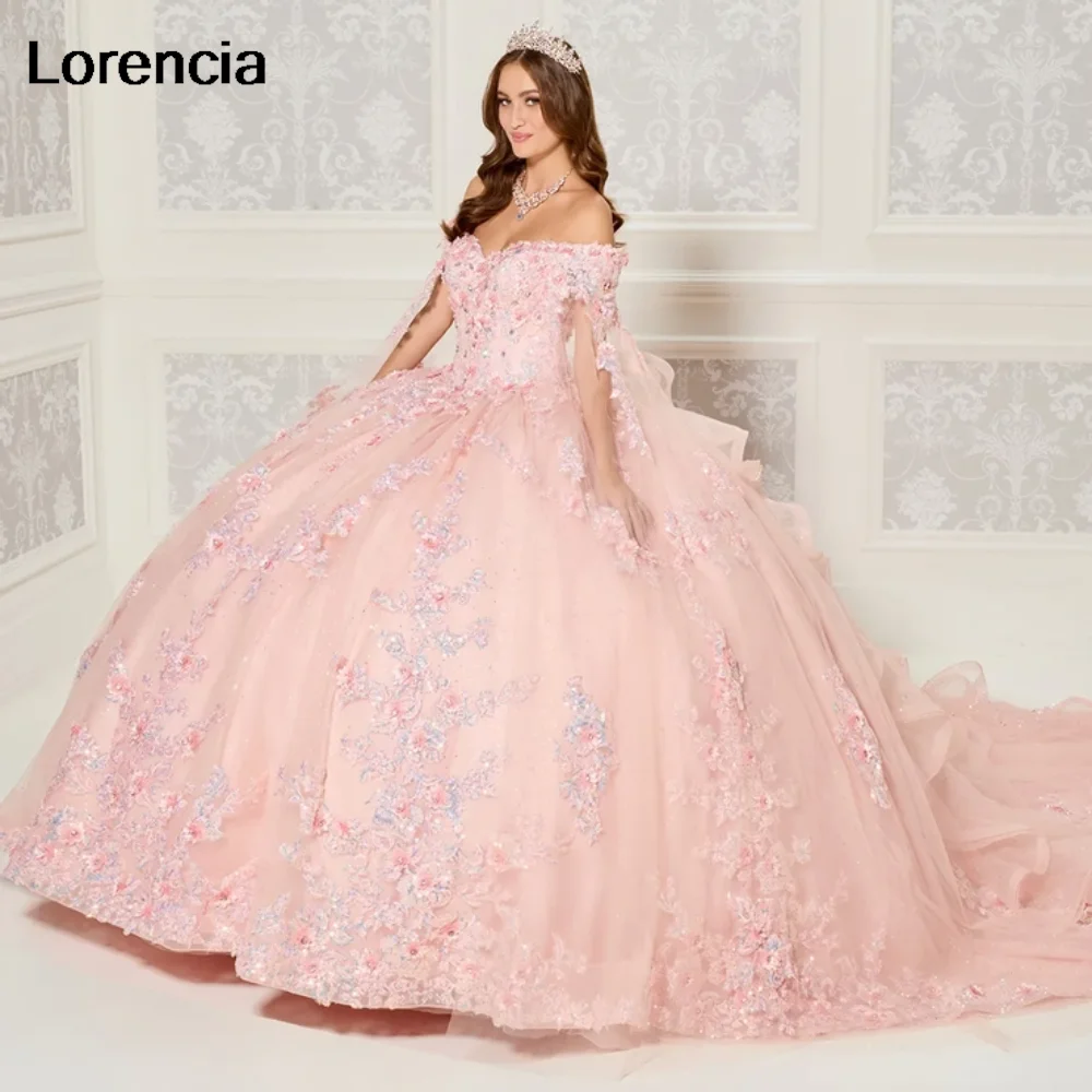 Lorencia ชุดเดรสแวววาวสีม่วงชุดไปงานเต้นรำลูกไม้ applique ลูกปัดกับเคปรัดตัวหวาน16 vestidos de 15 años YQD979