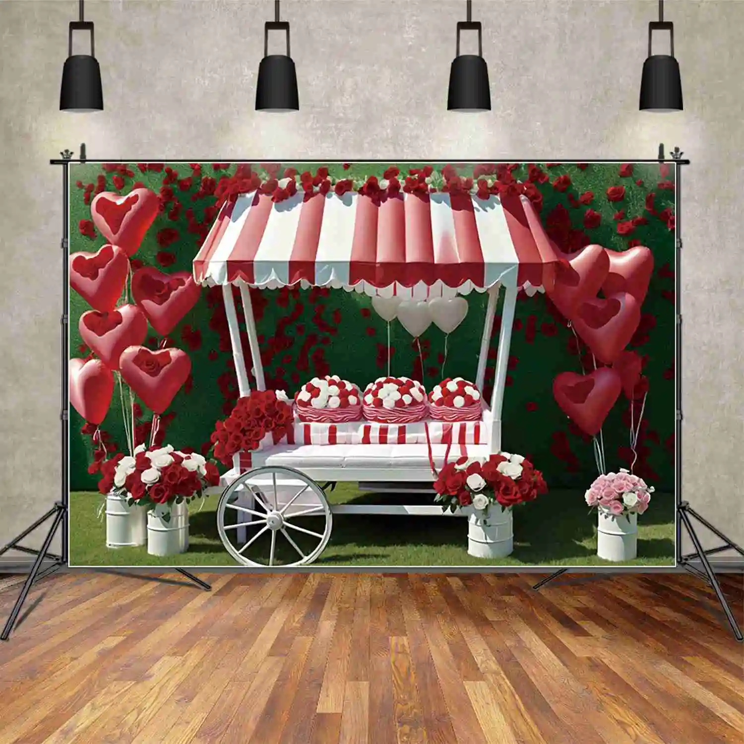 MOON.QG 2025 Valentine's Day Backdrop February 14 Love Party Decoration Background Flowers Cart Balloons Circus Tent  Photozone