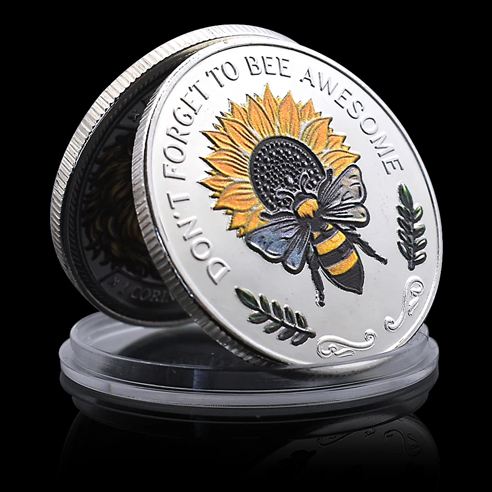 Bee Kind Inspirational Silver Plated Coin Double Sided Sunflower Bee Collectible Challenge Token Positive Gift Souvenir Decor