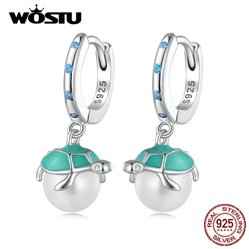 WOSTU Solid 925 Sterling Silver Green Turtle White Pearl Drop Dangle Earrings For Women Summer Beach Jewelry Gift CQE1597