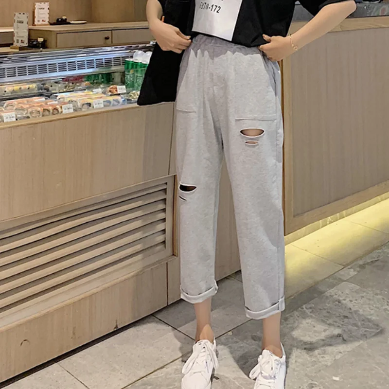 

Women's Grey Drawstring Sweatpants Fashion High Waist Straight Wide Leg Pants Simplicity Baggy Bind Feet Trouser Ladies Autumn