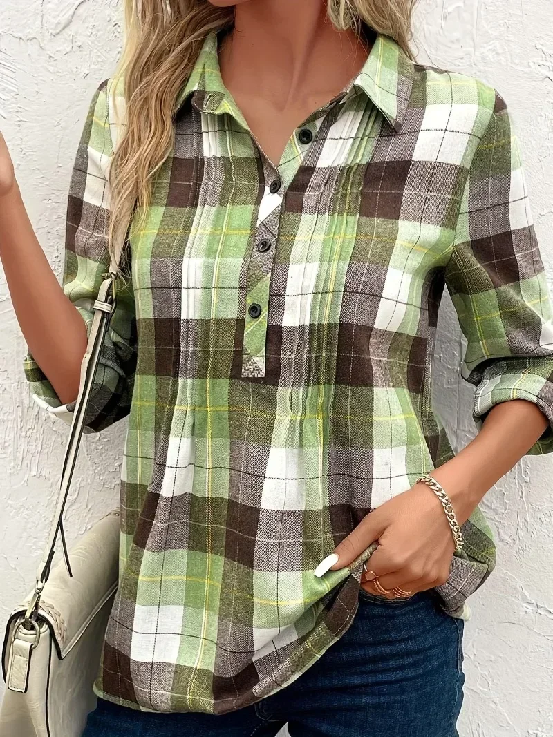 Women\'s Plus Size 1XL-5XL Plaid Print Long Sleeve Casual Blouse Shirt Ladies Fashion Button Up Lapel Collar Pullover Shirt Top