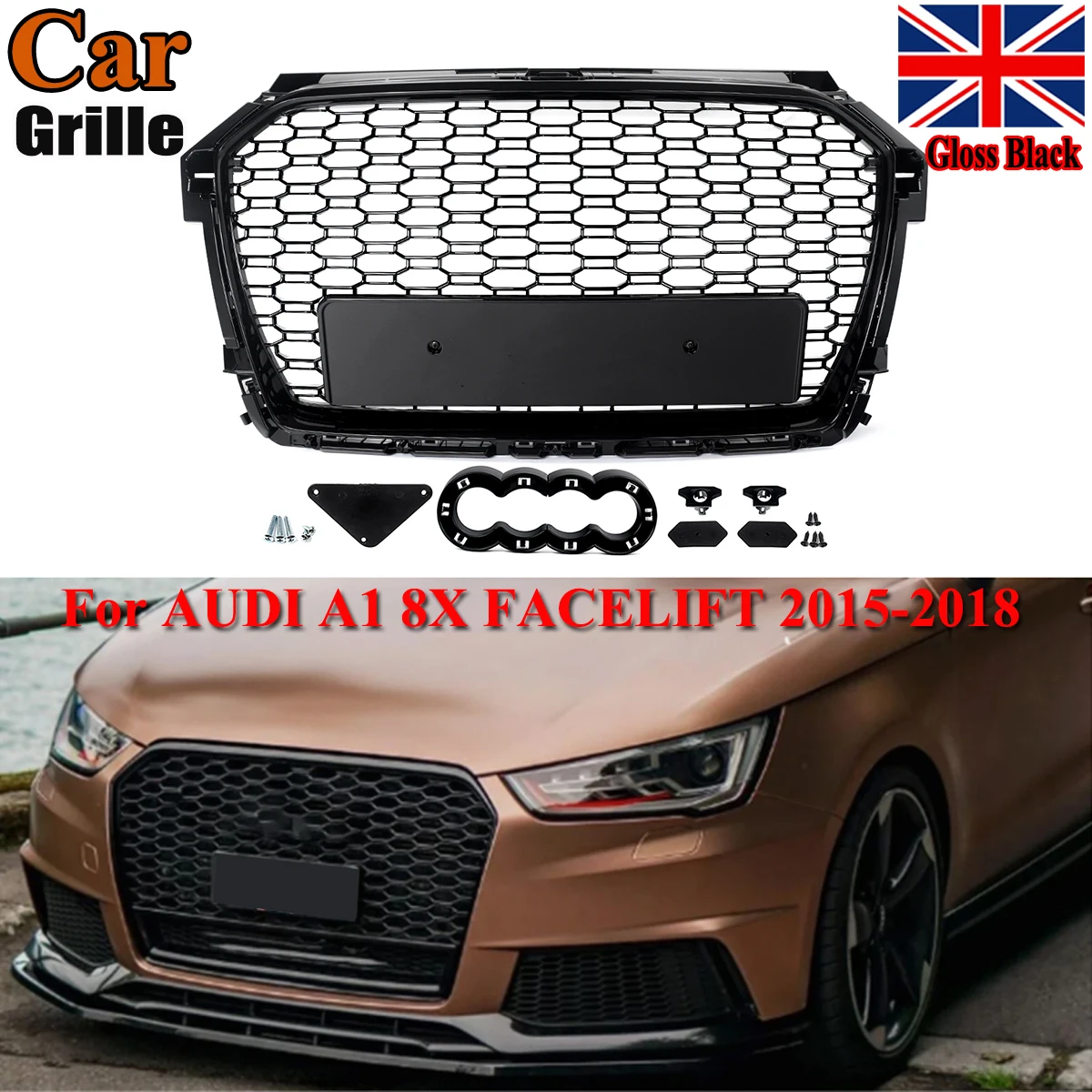 Griglia Frontale a Nido d'Ape Magickit per Audi A1 8X Facelift 2015 2016 2017 2018 Nero Lucido