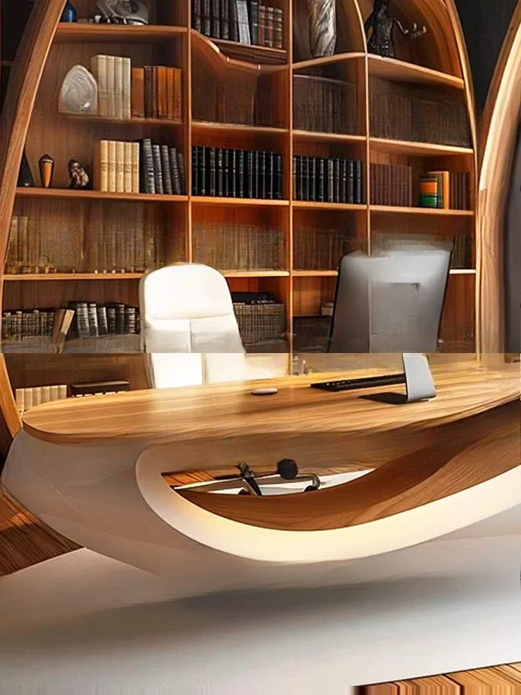 White solid wood boss table, log style home desk creative computer desk